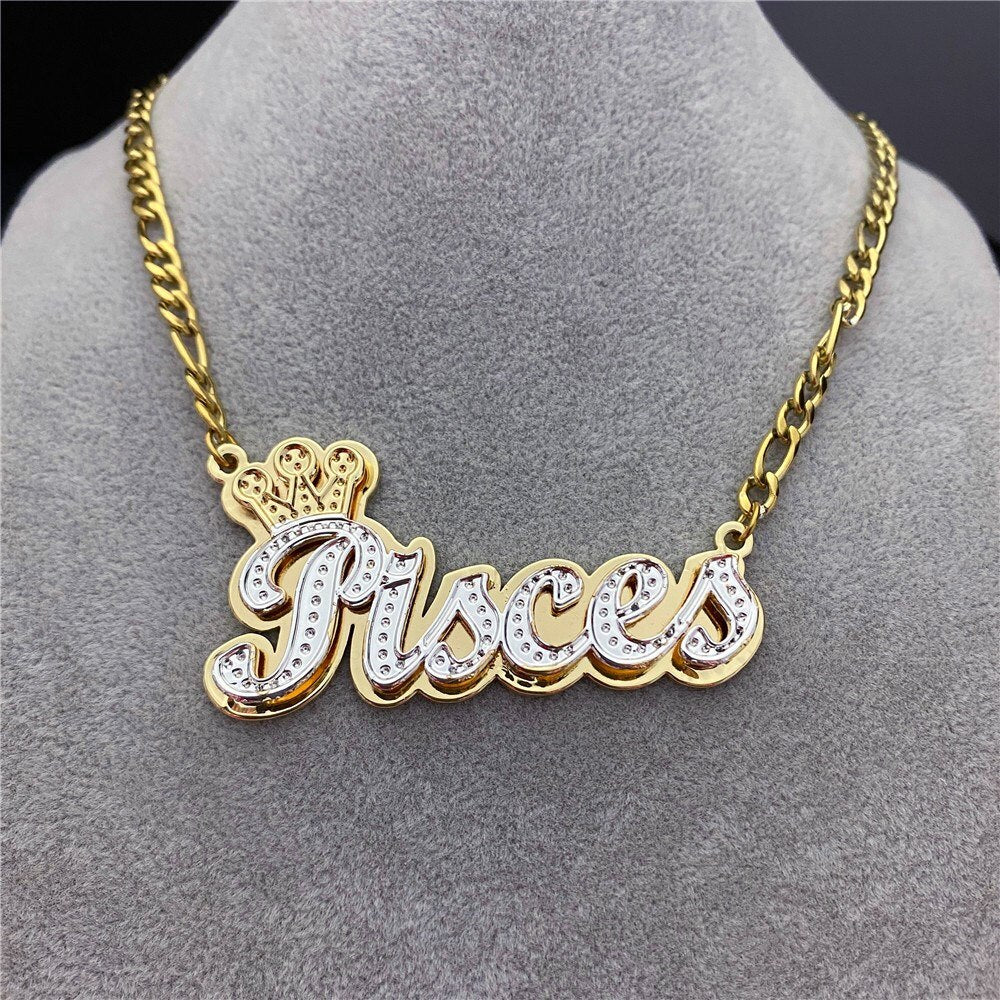 AurolaCo Custom Name Necklace Custom Gold and Silver Color Stainless Steel Nameplate with Crown Necklace for Women Gifts